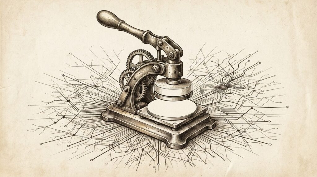 Antique brass seal-press mechanism with visible gears and lever arms, its embossing die face smooth and blank - no engraved pattern, no text, no symbol. The press is half-engaged, as if about to stamp something, but the mark it would leave is empty. Monochrome pen-and-ink engraving on warm paper.