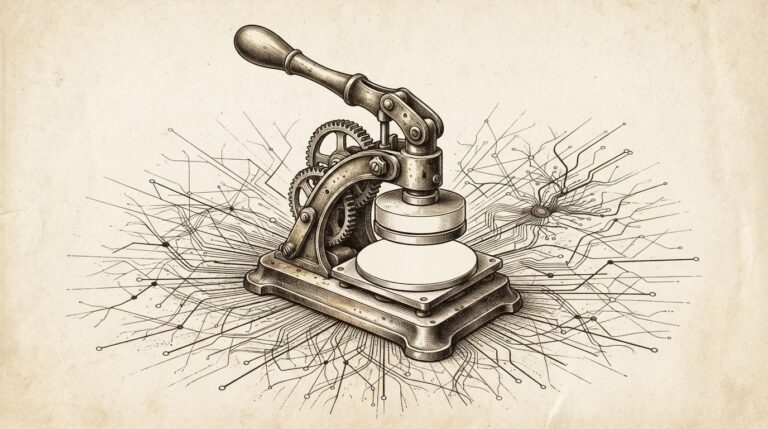 Antique brass seal-press mechanism with visible gears and lever arms, its embossing die face smooth and blank - no engraved pattern, no text, no symbol. The press is half-engaged, as if about to stamp something, but the mark it would leave is empty. Monochrome pen-and-ink engraving on warm paper.