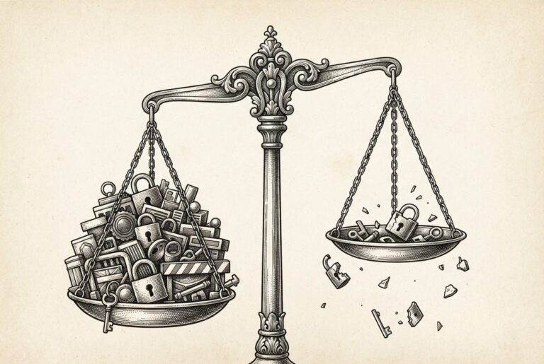 An ornate mechanical balance scale - the left pan weighted heavily with structured locks, keys, and checkpoints; the right pan nearly empty with the same objects scattered and broken around it