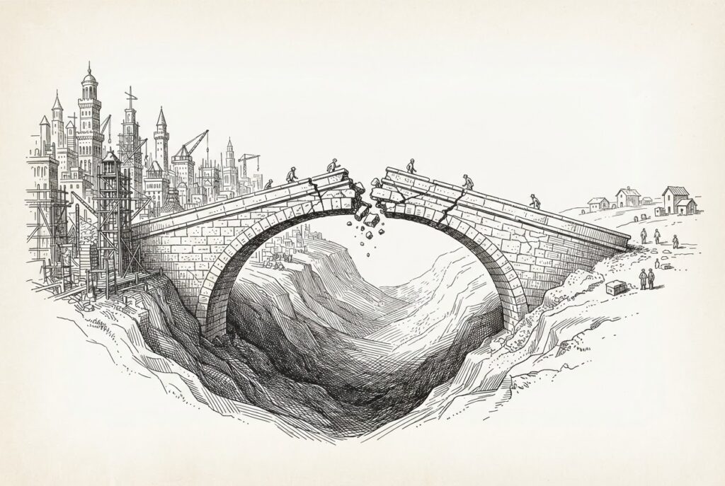 A crumbling stone bridge spanning a valley, with a dense growing city on one side and simpler structures on the other. The bridge's center is visibly cracked and fractured, with rubble falling into the valley below.