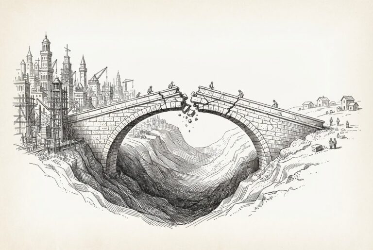 A crumbling stone bridge spanning a valley, with a dense growing city on one side and simpler structures on the other. The bridge's center is visibly cracked and fractured, with rubble falling into the valley below.
