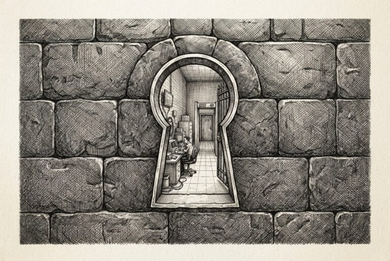 A security checkpoint with its own door left wide open, symbolizing how the BIG-IP APM enforcement point becomes an unauthenticated entry point through the OAuth profile heap overflow