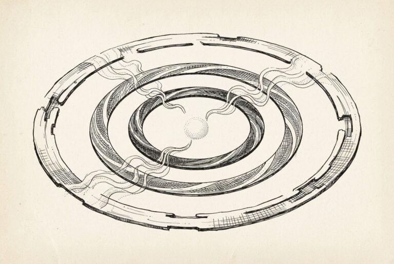 Three concentric orbital rings of different permeability rendered as an antique astronomical engraving - the outermost coarse with wide gaps, the middle finer with tighter passages, the innermost densely woven - with abstract flowing forms threading through each ring toward a central focal point, representing layered edge governance for agent traffic