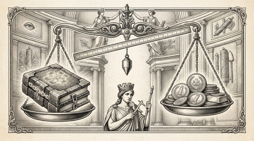 A balance scale with a digital blockchain ledger on one side and traditional monetary gold coins on the other, connected by a measuring ruler, symbolizing the Federal Reserve measuring new forms of money against traditional monetary aggregates