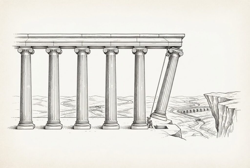 A grand colonnade of six classical stone columns stretching across the frame, the sixth and final column being lowered into its base by a rope-and-pulley mechanism - the regulatory arch being completed, column by column, agency by agency
