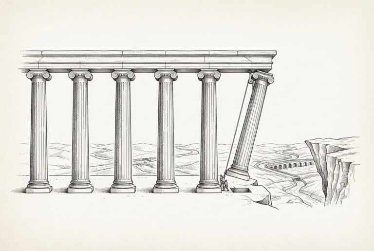 A grand colonnade of six classical stone columns stretching across the frame, the sixth and final column being lowered into its base by a rope-and-pulley mechanism - the regulatory arch being completed, column by column, agency by agency