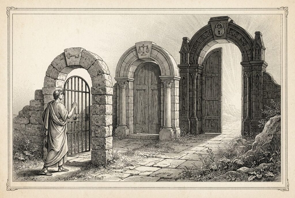 Pen-and-ink engraving of a classical robed figure standing before three successive arched gateways of increasing height, each gate progressively more ornate. The first gate has a key motif, the second a balance scale, the third a sealed padlock. Beyond the gates, a faint radiance suggests trust and access. Allegory for authentication, liability, and fraud barriers in agentic commerce.