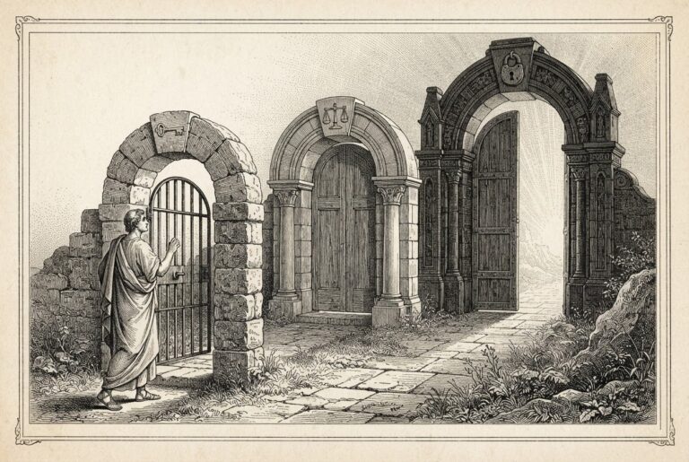 Pen-and-ink engraving of a classical robed figure standing before three successive arched gateways of increasing height, each gate progressively more ornate. The first gate has a key motif, the second a balance scale, the third a sealed padlock. Beyond the gates, a faint radiance suggests trust and access. Allegory for authentication, liability, and fraud barriers in agentic commerce.