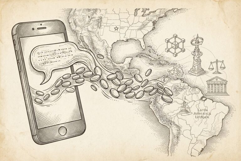 A smartphone displaying a WhatsApp chat bubble transforming into a stream of coins flowing across a map from the US to Latin America, with stablecoin infrastructure nodes visible as subtle architectural elements in the background