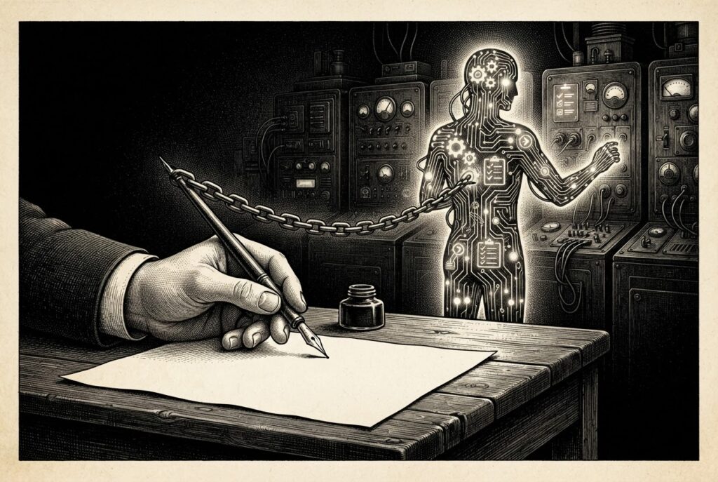 A pen-and-ink engraving of a developer's hand signing a blank contract on a wooden desk while behind it an autonomous agent figure composed of circuit traces and glowing nodes stands at dark control panels, connected to the pen by a single heavy chain - the liability chain connecting maker to action.