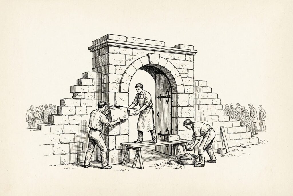 Three figures constructing a stone gatehouse with an archway designed to open only inward, while smaller figures cluster beyond the wall unable to enter. Self-regulation as pre-emptive institutional architecture.