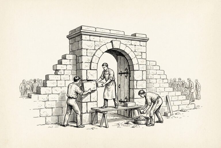 Three figures constructing a stone gatehouse with an archway designed to open only inward, while smaller figures cluster beyond the wall unable to enter. Self-regulation as pre-emptive institutional architecture.