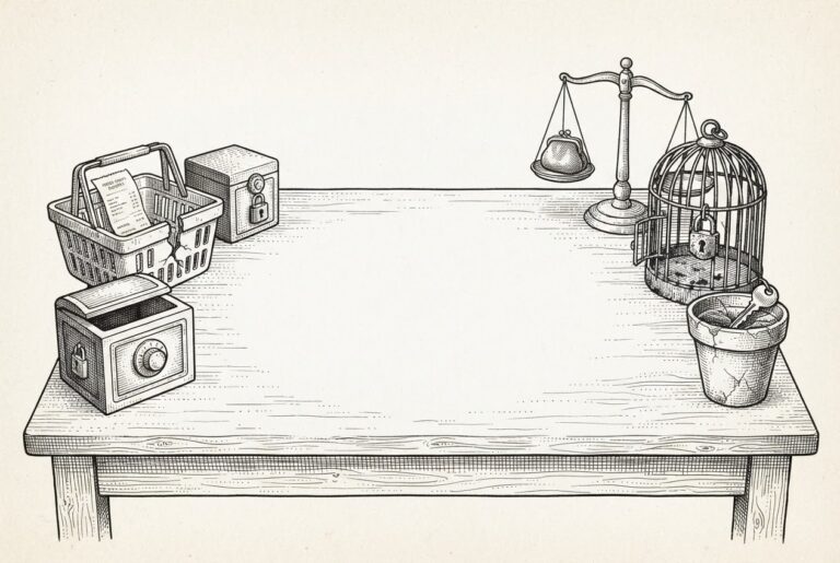 Five cracked household vessels — a shopping basket, locked chest, balance scale, birdcage, and withered pot — sit in two groups on a bare table. The center is conspicuously empty: where a complete home would gather, there is only bare wood.