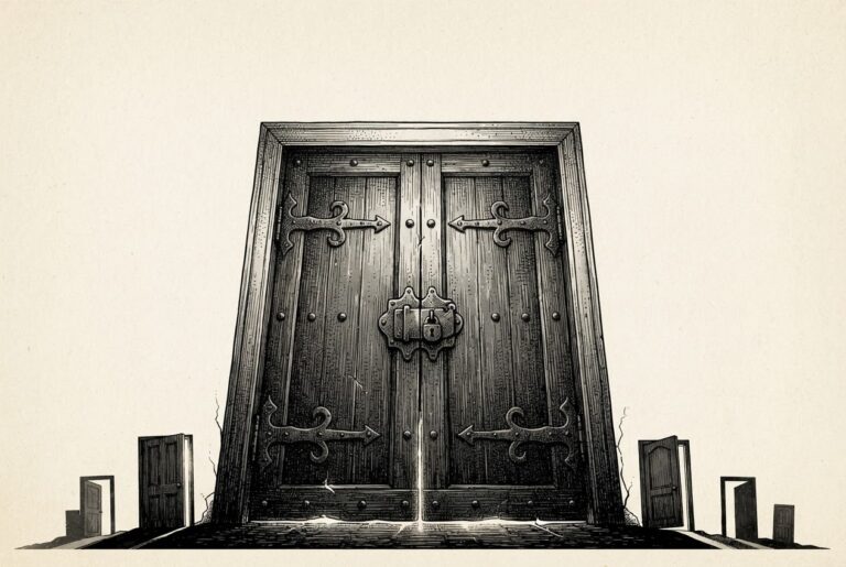 A heavy sealed door with light seeping through cracks, smaller doors visible in the light - representing the closed compliance window and emerging state enforcement frameworks