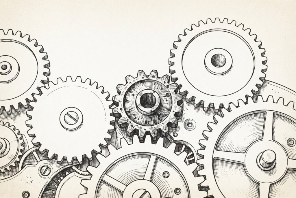 A single small gear at the center of a clockwork mechanism, visibly worn and stressed, meshing with five much larger gears surrounding it - each a different size. The small gear bears the compounding friction of all five simultaneously. Monochrome pen-and-ink engraving on warm paper.