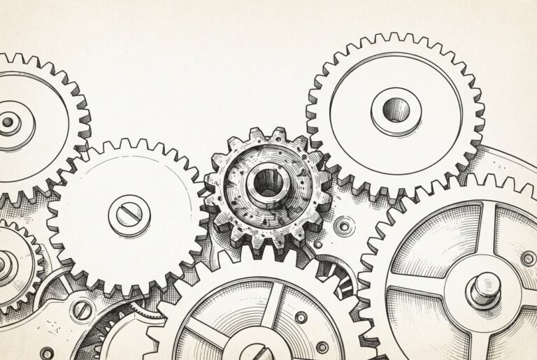 A single small gear at the center of a clockwork mechanism, visibly worn and stressed, meshing with five much larger gears surrounding it - each a different size. The small gear bears the compounding friction of all five simultaneously. Monochrome pen-and-ink engraving on warm paper.