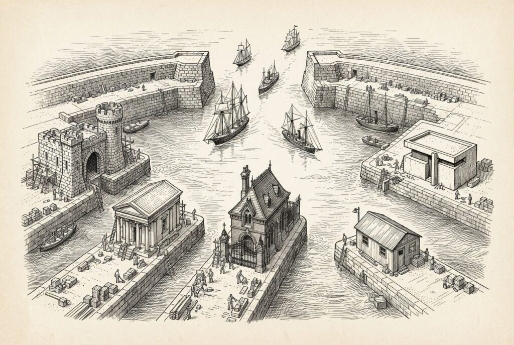 A harbor entrance seen from above, wide and unguarded, with ships passing freely through the gap. On the inner docks, five separate crews each build their own checkpoint gatehouse in different styles - none blocking the main entrance.