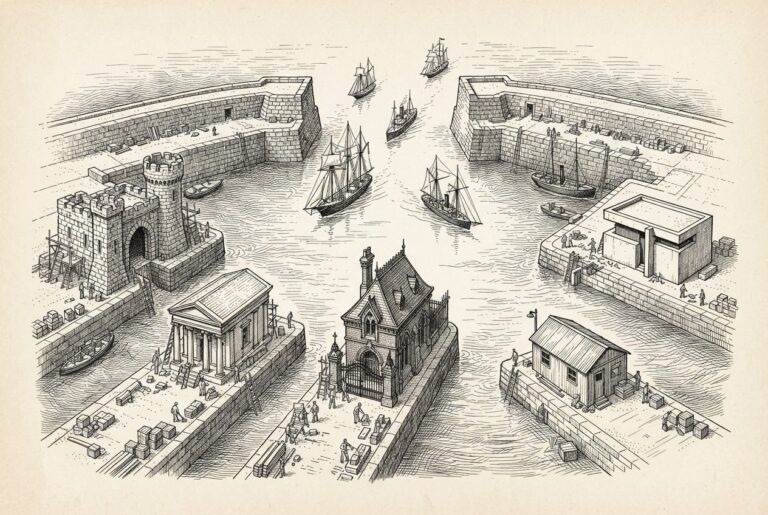 A harbor entrance seen from above, wide and unguarded, with ships passing freely through the gap. On the inner docks, five separate crews each build their own checkpoint gatehouse in different styles - none blocking the main entrance.