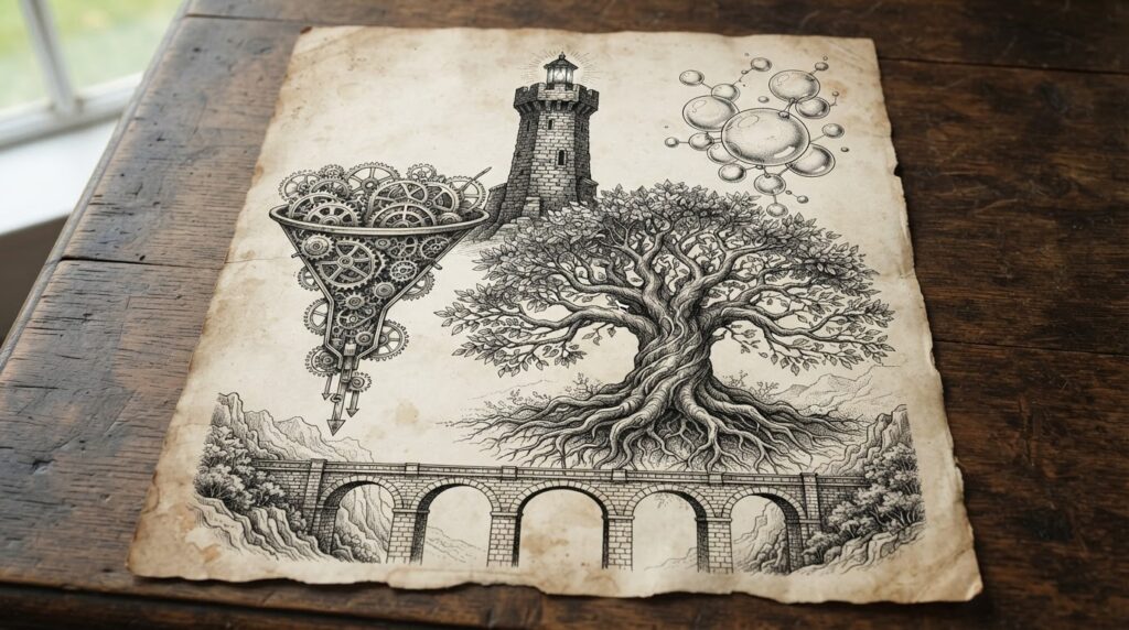 Five allegorical ink drawings on parchment - a tower, glass bubbles, a branching tree, interlocking gears, and a bridge - representing five distinct philosophies for where agent execution lives