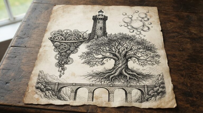 Five allegorical ink drawings on parchment - a tower, glass bubbles, a branching tree, interlocking gears, and a bridge - representing five distinct philosophies for where agent execution lives