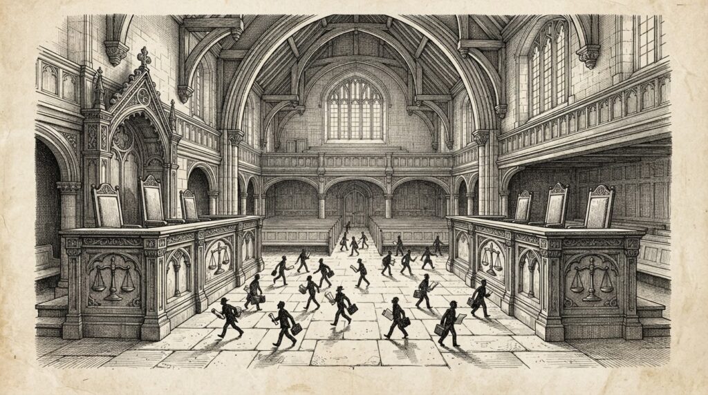 Pen-and-ink engraving of an empty courtroom with two opposing judge's benches and small shadowy figures moving freely between them, representing agents operating in a regulatory blind spot