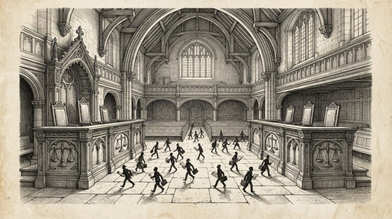 Pen-and-ink engraving of an empty courtroom with two opposing judge's benches and small shadowy figures moving freely between them, representing agents operating in a regulatory blind spot