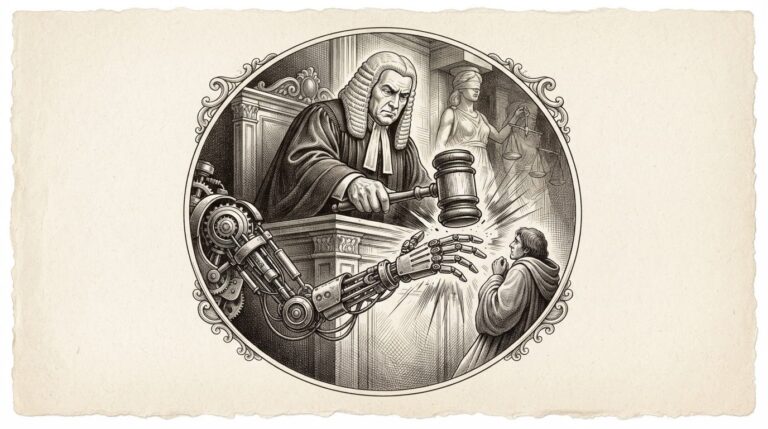 Pen-and-ink illustration of a judge's gavel striking down on an AI system's hand reaching toward a human figure, representing criminal liability for AI chatbots