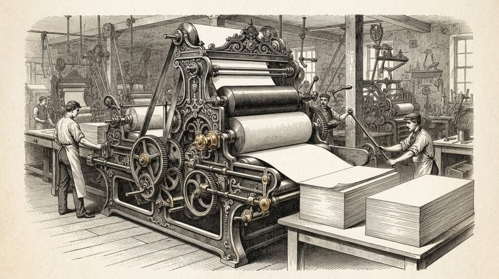 Massive antique industrial printing press running at full capacity with blank sheets emerging from output, representing enormous protocol throughput producing hollow volume