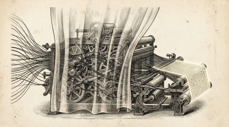 A weaving mechanism partially veiled by a translucent curtain, with dark threads converging through the mechanism and emerging as a luminous pattern on the other side - an allegory for the hidden process of personalized pricing.