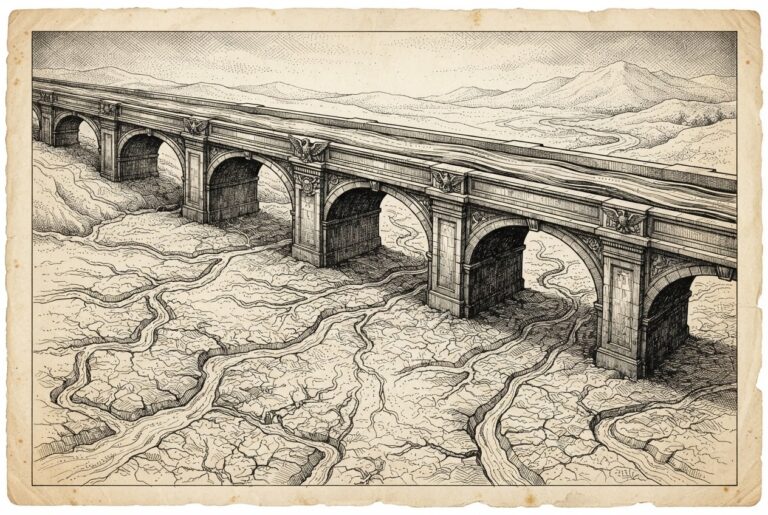 A broad ornate stone aqueduct carrying a steady stream of water crosses a landscape while dozens of narrow winding dirt channels below sit dry and cracked - federal preemption bypassing the fragmented state-by-state regulatory patchwork.