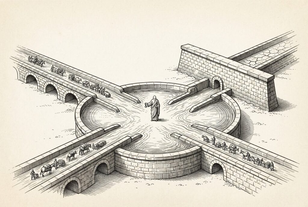 Pen-and-ink engraving of converging aqueduct channels flowing into a central basin, with one channel blocked by a dam and a faceless figure at the convergence point - depicting Meta's integrated agent-commerce stack with Amazon's exclusion.