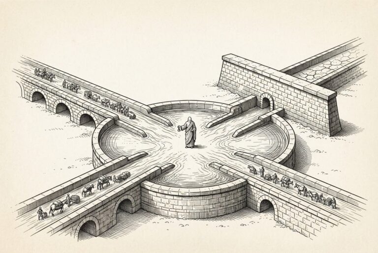 Pen-and-ink engraving of converging aqueduct channels flowing into a central basin, with one channel blocked by a dam and a faceless figure at the convergence point - depicting Meta's integrated agent-commerce stack with Amazon's exclusion.