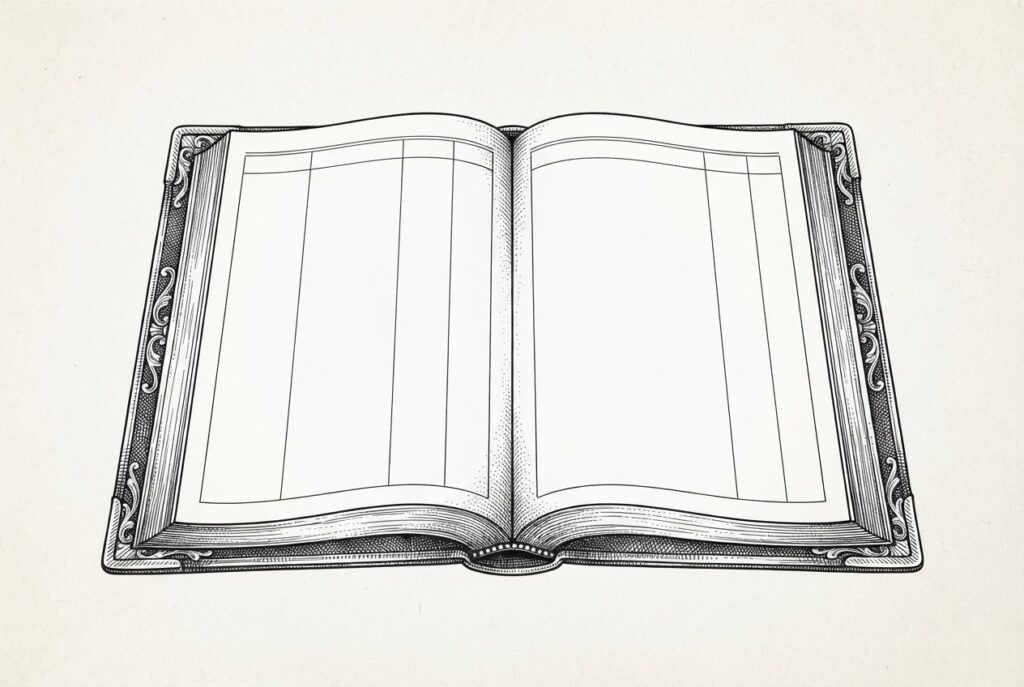 An ornate open account ledger book with five ruled column areas, all blank - governance structure awaiting its first entry