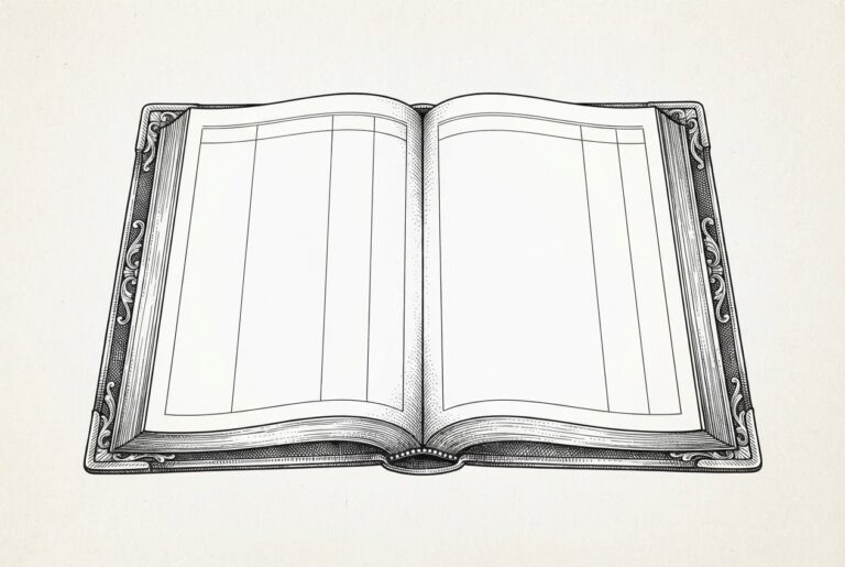 An ornate open account ledger book with five ruled column areas, all blank - governance structure awaiting its first entry
