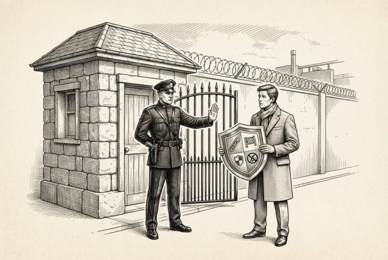 A pen-and-ink engraving of a formal security gatehouse where an armed guard blocks entry to someone bearing a safety emblem - safety credentials rejected as a supply chain risk rather than a protection