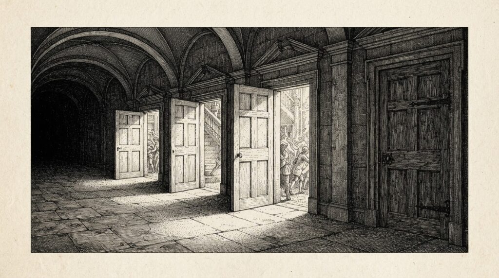 A pen-and-ink engraving of a corridor with five doors — four are open with light streaming through, one remains closed
