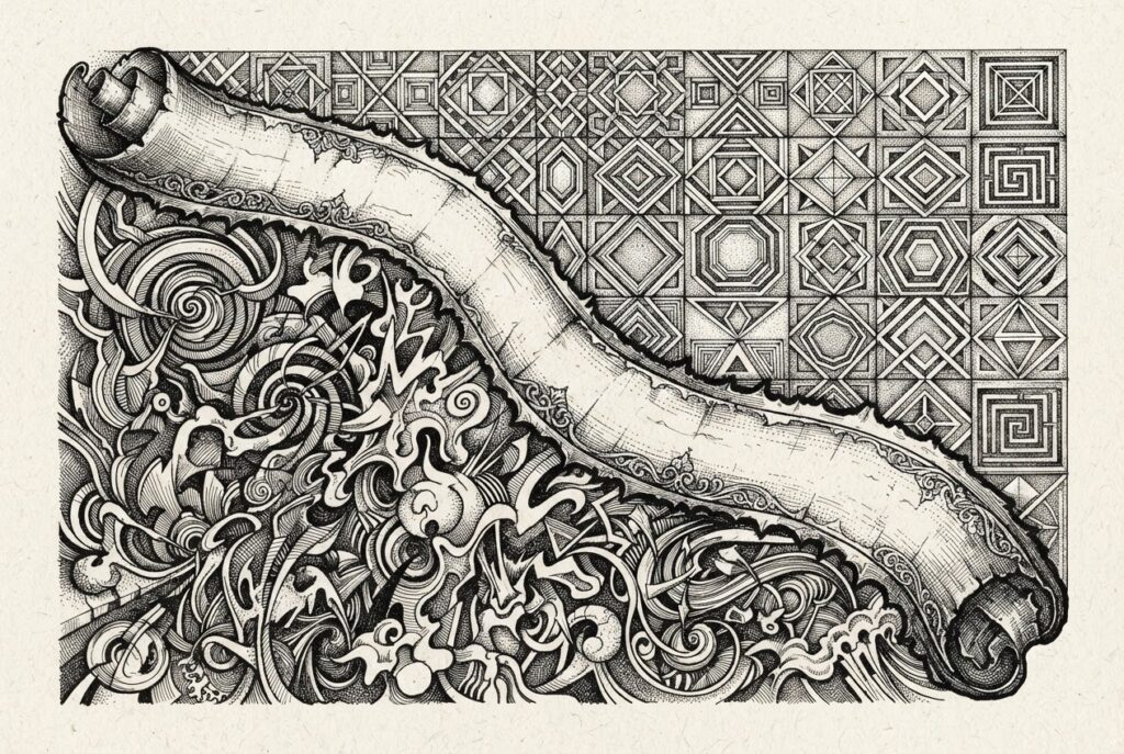 An ancient ornate scroll unfurling diagonally as a barrier dividing ordered geometric patterns from chaotic swirling patterns - the constitutional challenge to modern AI regulation
