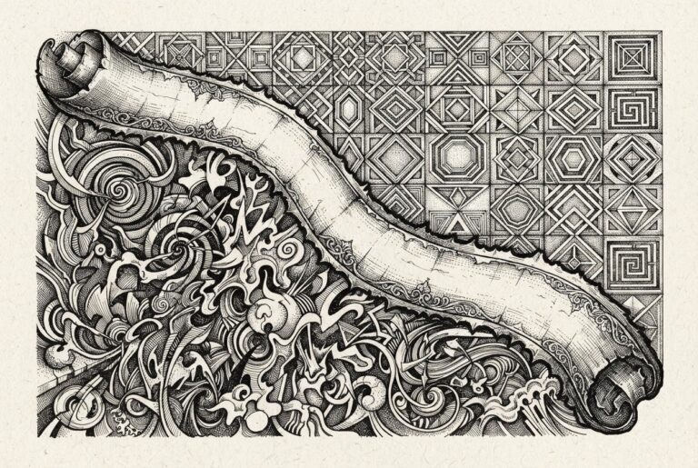 An ancient ornate scroll unfurling diagonally as a barrier dividing ordered geometric patterns from chaotic swirling patterns - the constitutional challenge to modern AI regulation
