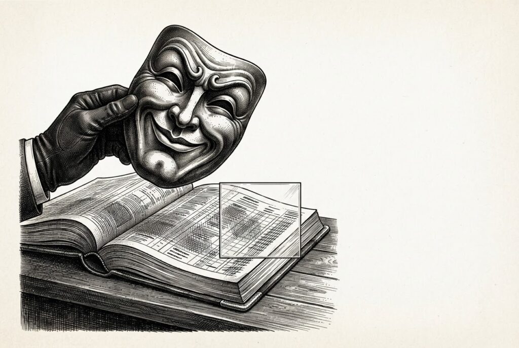 Monochrome engraving of an antique mask being lifted away to reveal an ornate account book underneath, with a small pane of glass representing disclosure held in front