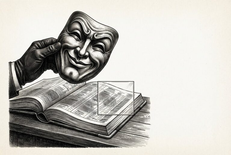 Monochrome engraving of an antique mask being lifted away to reveal an ornate account book underneath, with a small pane of glass representing disclosure held in front