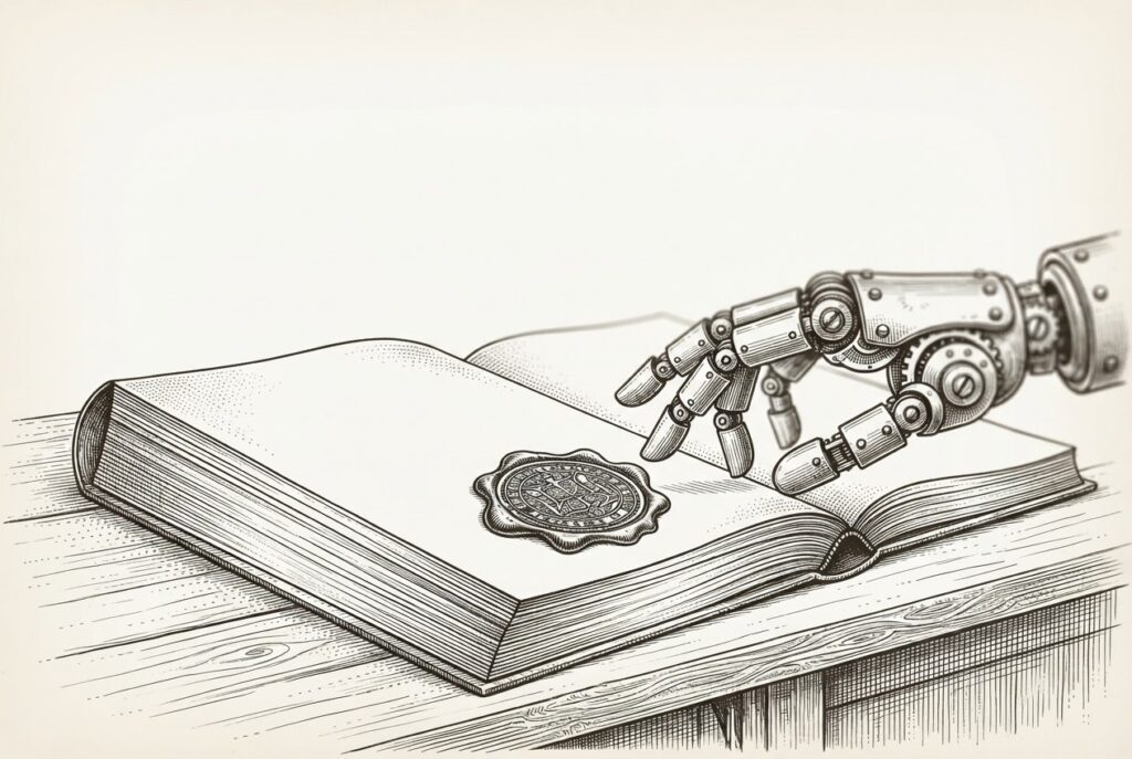 A price tag with fine print designed for human eyes, while an AI agent's hand reaches past it to complete the transaction