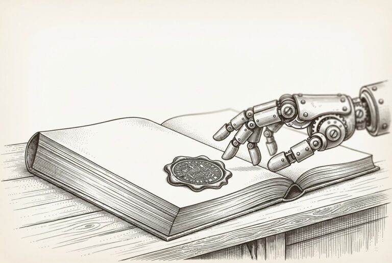 A price tag with fine print designed for human eyes, while an AI agent's hand reaches past it to complete the transaction