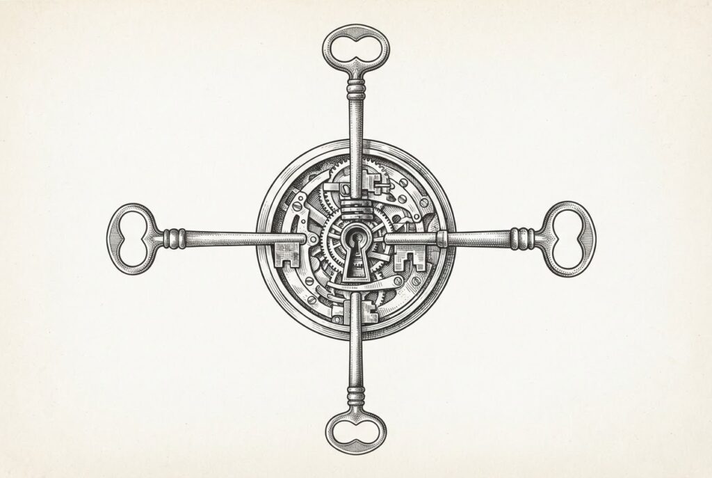 Four ornate antique skeleton keys arranged radially converging on a central lock mechanism, representing four regulatory directions pressing on the AI industry simultaneously.