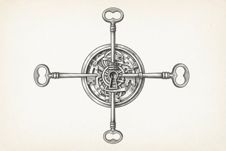 Four ornate antique skeleton keys arranged radially converging on a central lock mechanism, representing four regulatory directions pressing on the AI industry simultaneously.