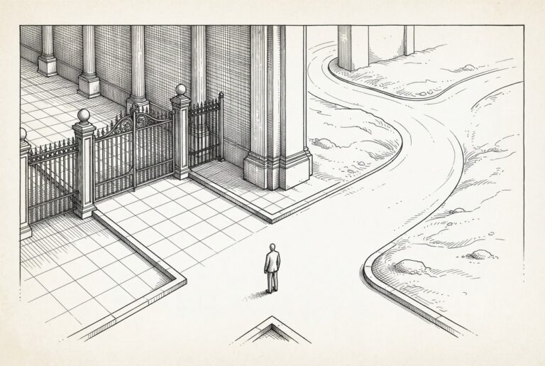 At a grand stone crossroads, two corridors diverge - one rigid geometric grid, the other organic flowing terrain - with a single faceless figure caught at the decision point, symbolizing the builder forced to navigate two incompatible regulatory philosophies after the G20 split global AI governance.