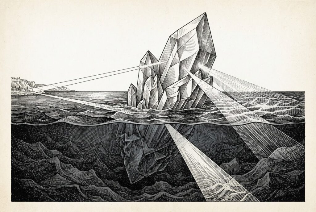 A massive crystalline structure emerging from dark ocean depths, refracting light in multiple directions simultaneously - representing Google surfacing as a new benchmark leader while pricing waters converge across the frontier.