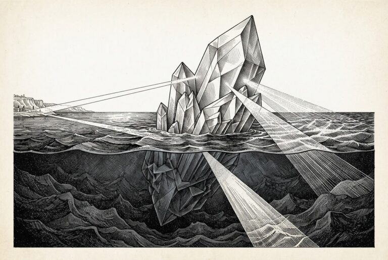A massive crystalline structure emerging from dark ocean depths, refracting light in multiple directions simultaneously - representing Google surfacing as a new benchmark leader while pricing waters converge across the frontier.