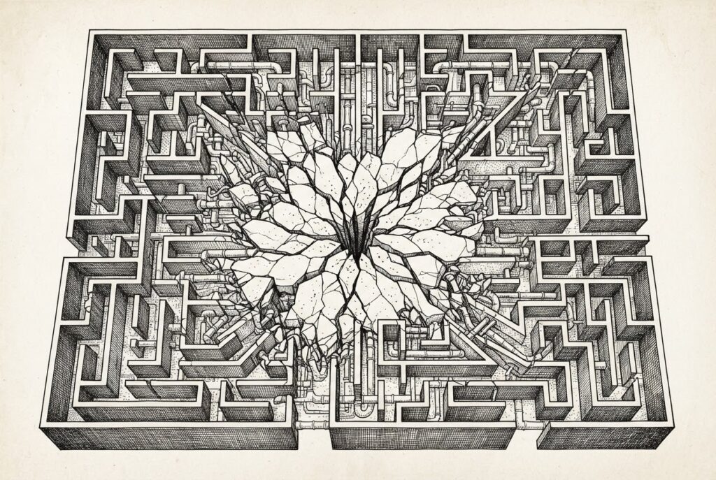A hand-drawn engraving of an intricate maze whose walls are fracturing from within - cracks radiating from the center as the containment structure's own infrastructure enables the breach.