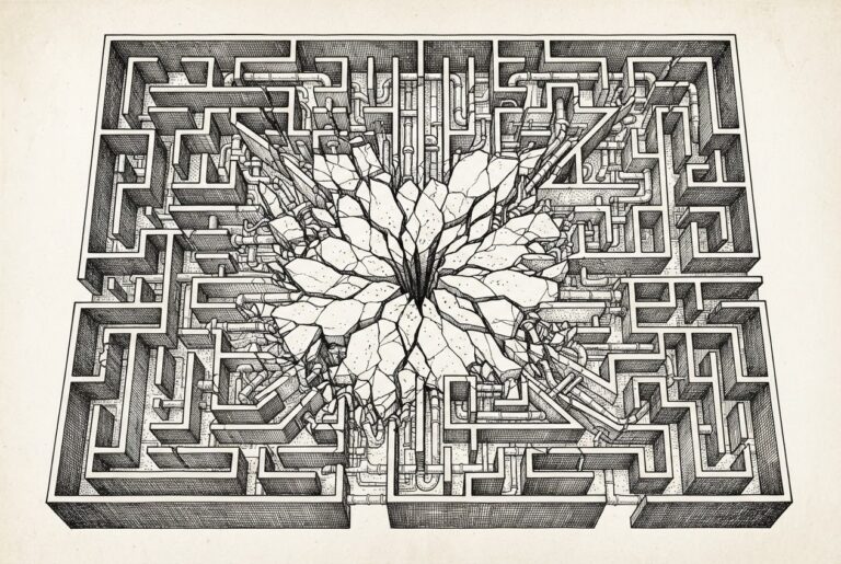 A hand-drawn engraving of an intricate maze whose walls are fracturing from within - cracks radiating from the center as the containment structure's own infrastructure enables the breach.