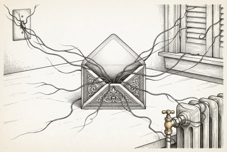 An ornate invitation envelope open on a table with dark ink tendrils extending outward toward household objects-a light switch, window shutters, a radiator-depicting a trusted calendar invite becoming a vector for attack into a smart home